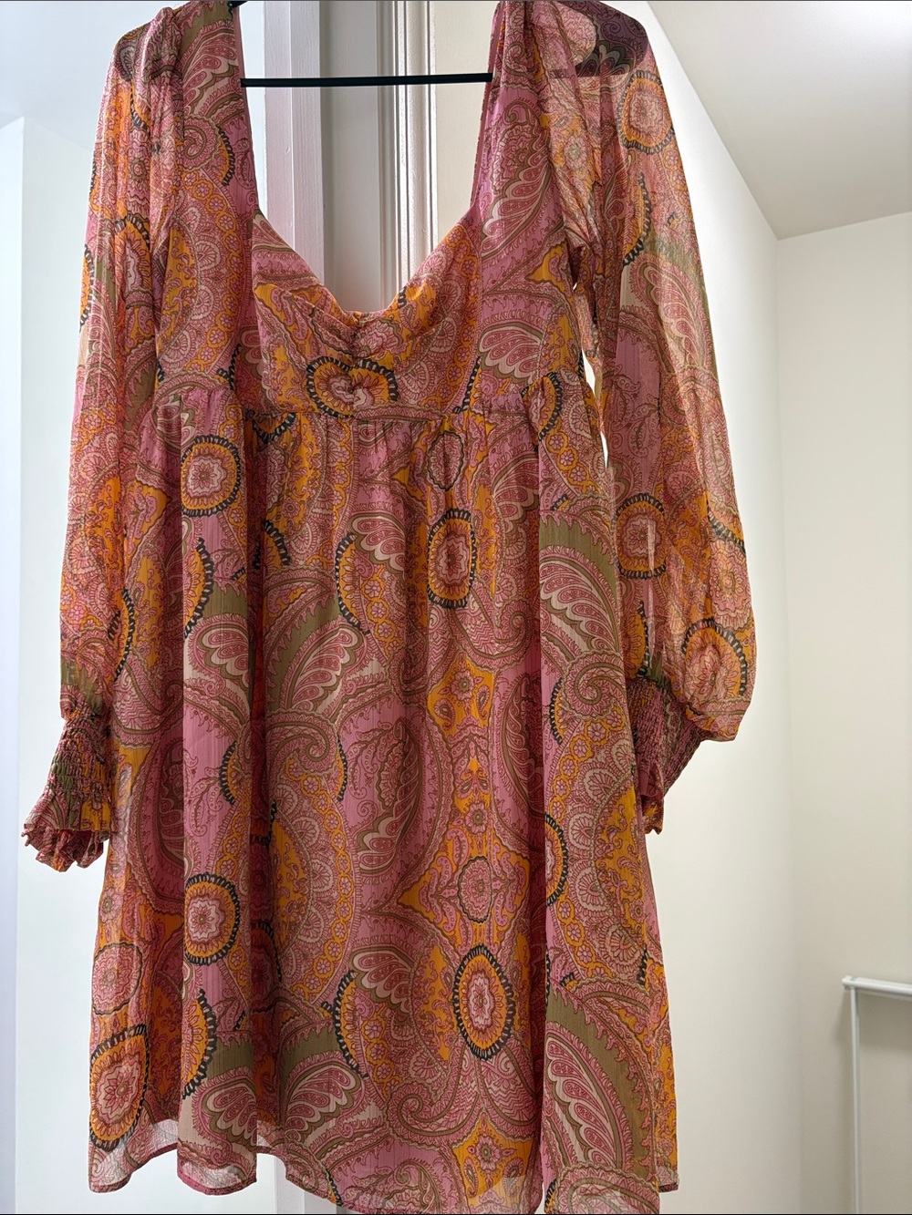 BCBGeneration Pink Paisley Long-Sleeve Mini Dress with Gold Accents